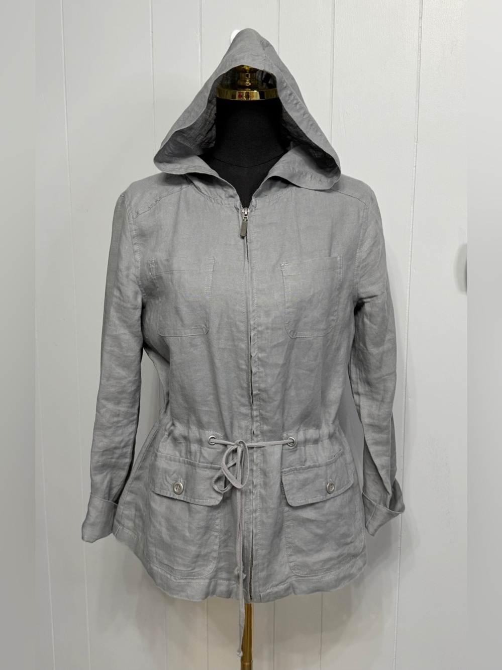 Cynthia Rowley Light Gray Line Hooded Drawstring Jacket
